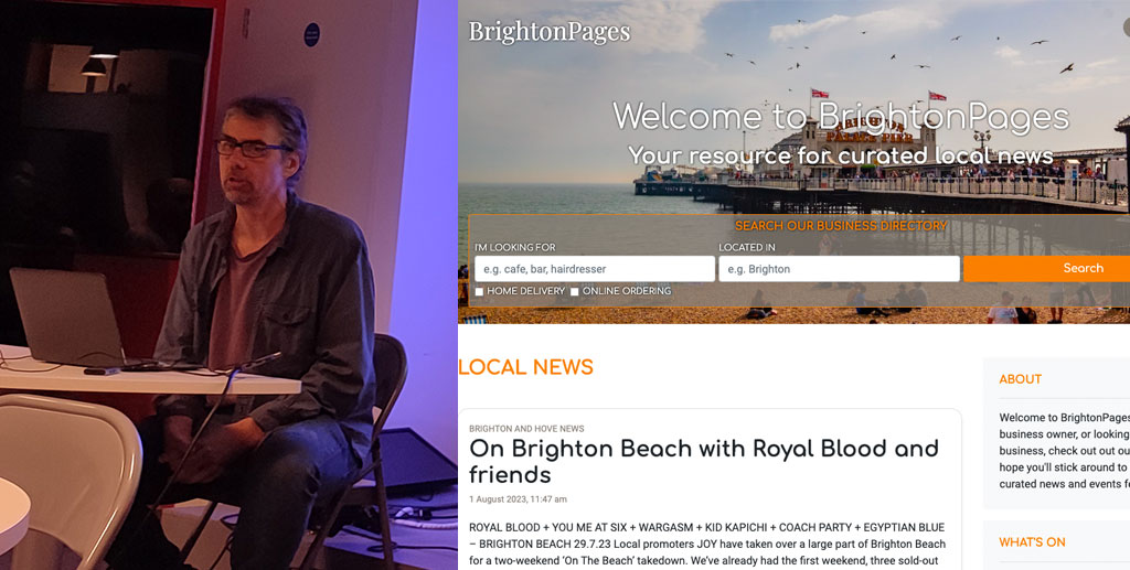 Matt Zandstra, a man wearing glasses and a tired expression, sits next to a screenshot of his website Brighton Pages